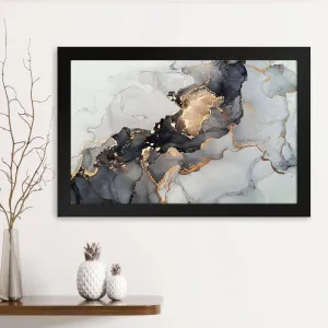 GADGETS WRAP Printed Photo Frame Matte Painting for Home Office Studio Living Room Decoration (14x11inch Black Framed) - Gray & Gold Abstract Wall Art