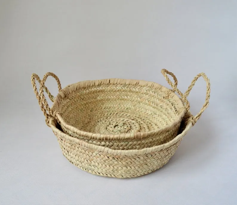 Hand woven Egyptian storage flat round basket - Large size