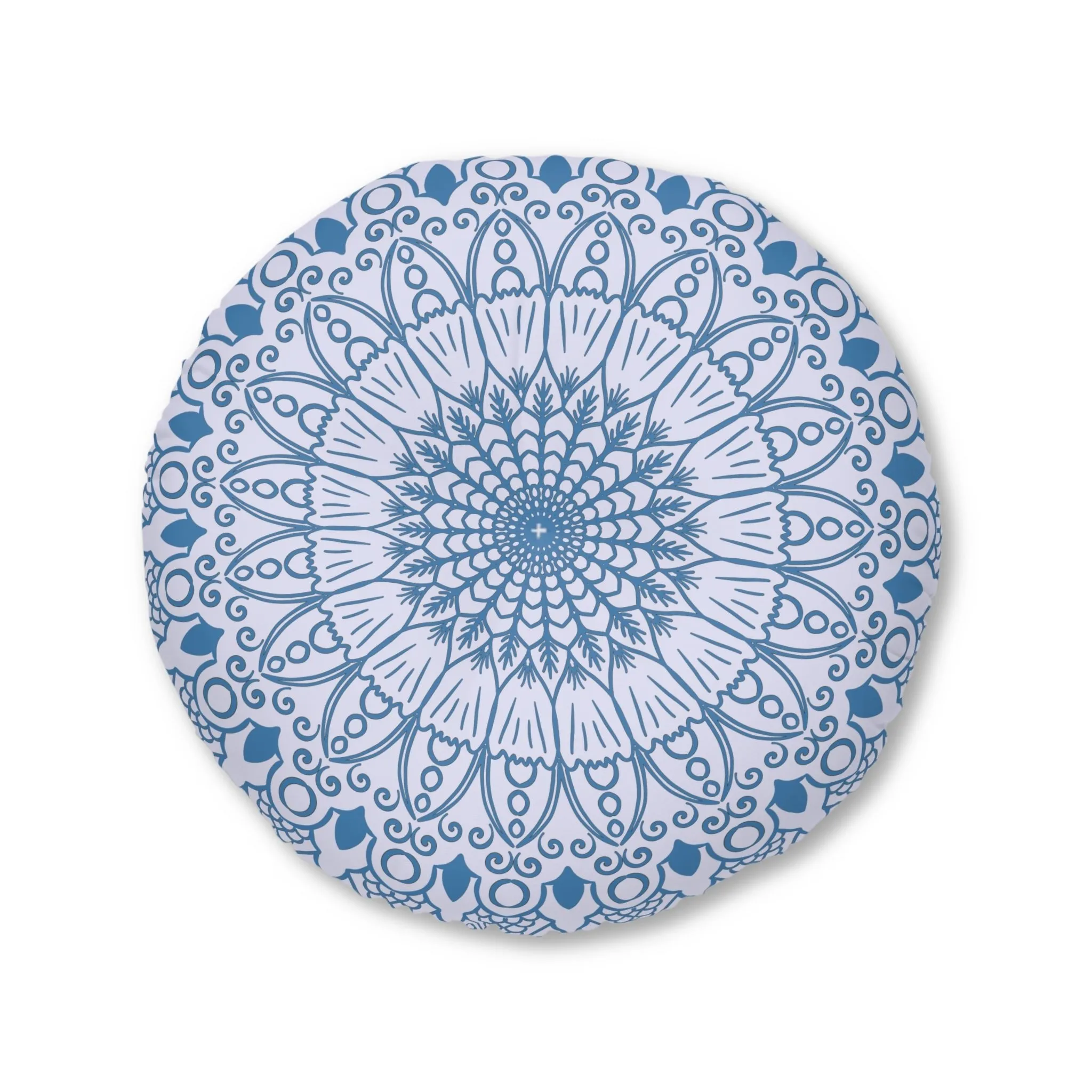 Handmade Mandala Art Floor Cushion - Steel Blue Lavander - Tufted Round