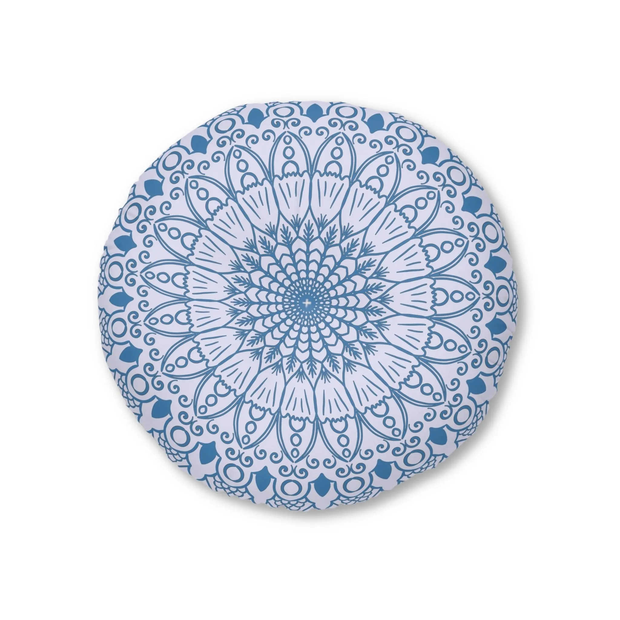 Handmade Mandala Art Floor Cushion - Steel Blue Lavander - Tufted Round