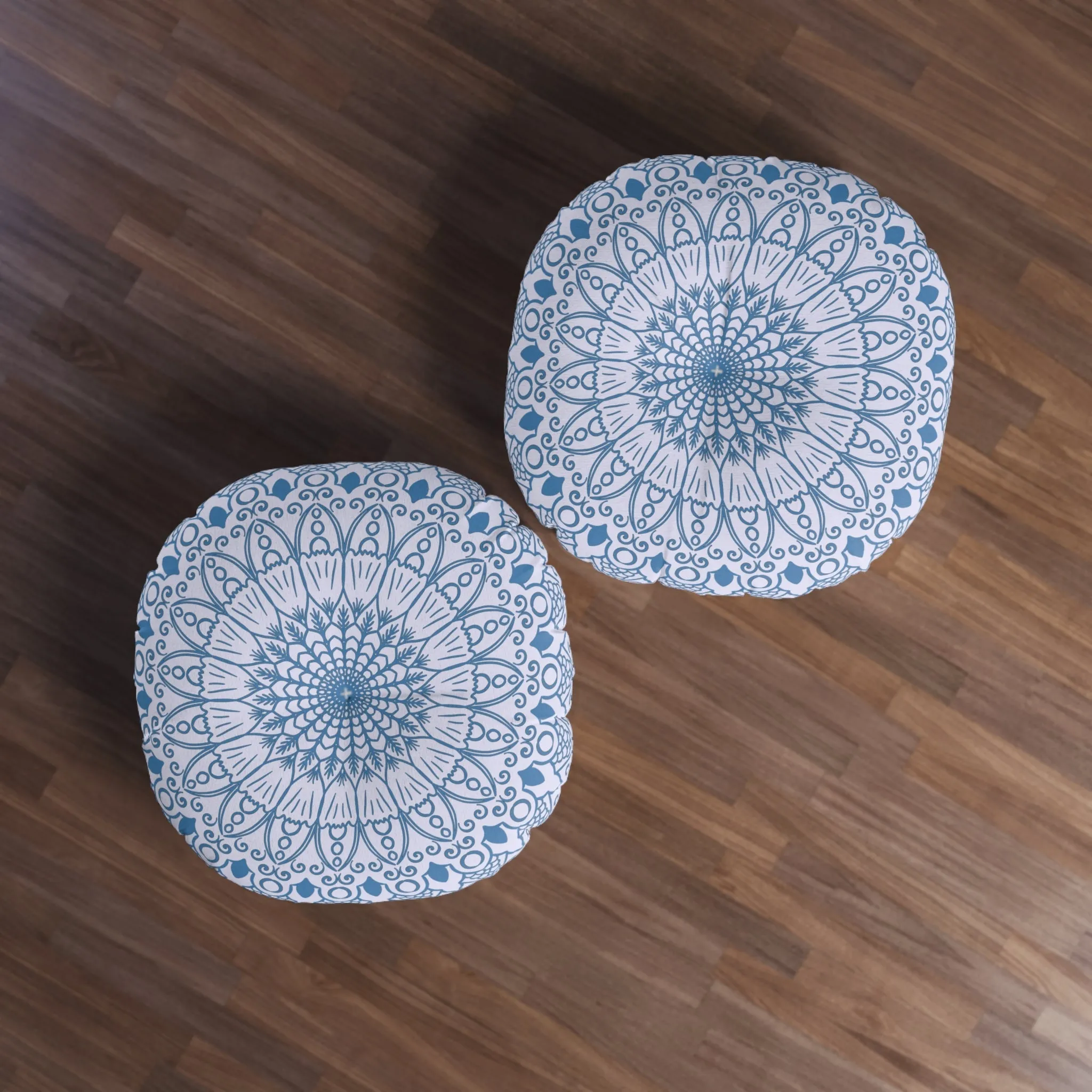 Handmade Mandala Art Floor Cushion - Steel Blue Lavander - Tufted Round