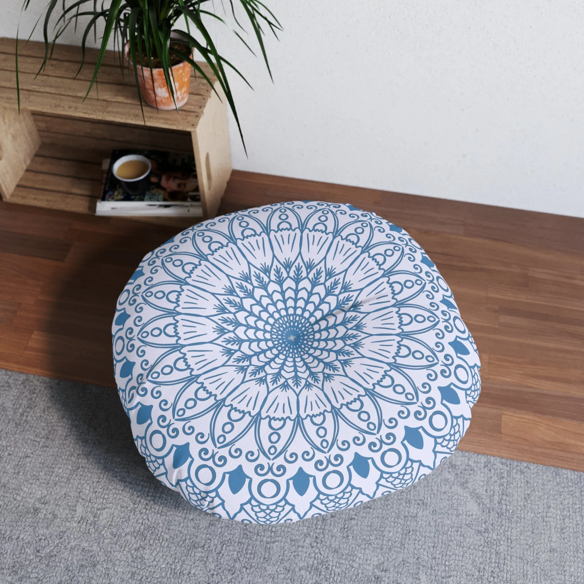 Handmade Mandala Art Floor Cushion - Steel Blue Lavander - Tufted Round