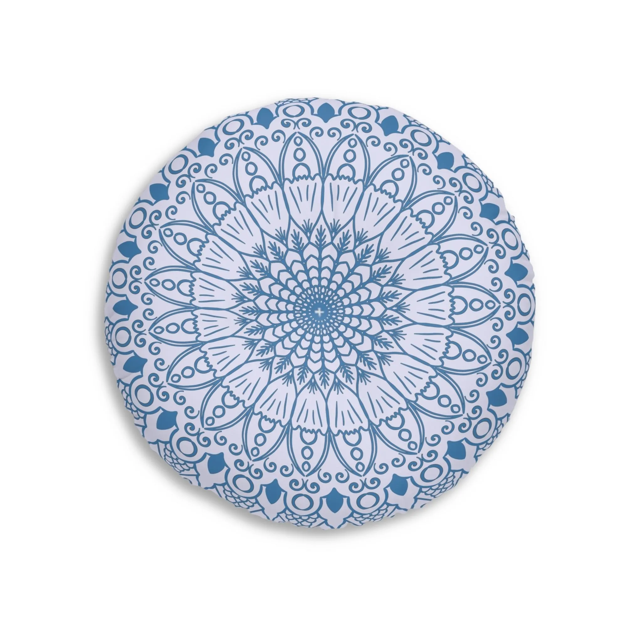 Handmade Mandala Art Floor Cushion - Steel Blue Lavander - Tufted Round