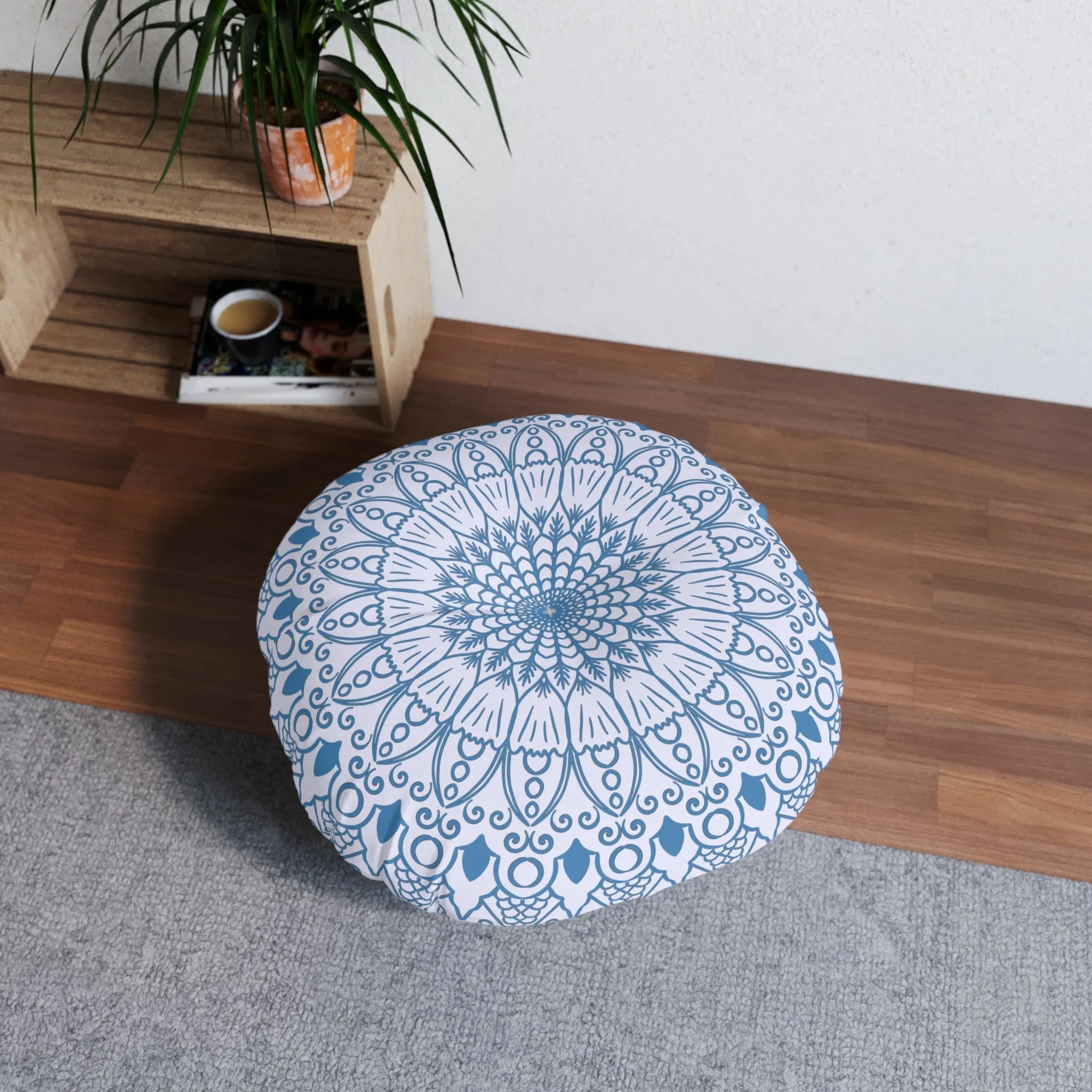 Handmade Mandala Art Floor Cushion - Steel Blue Lavander - Tufted Round