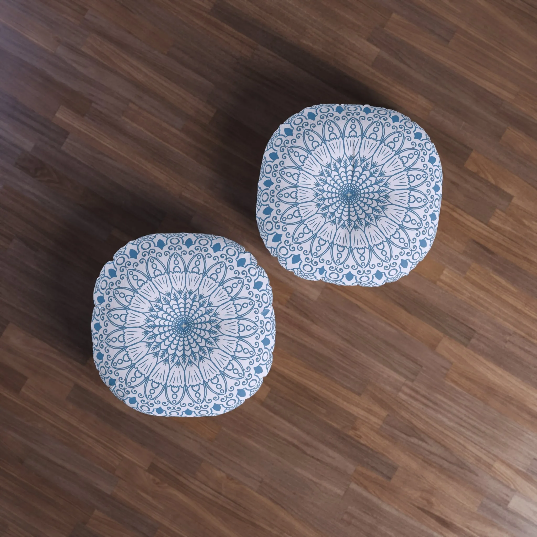 Handmade Mandala Art Floor Cushion - Steel Blue Lavander - Tufted Round