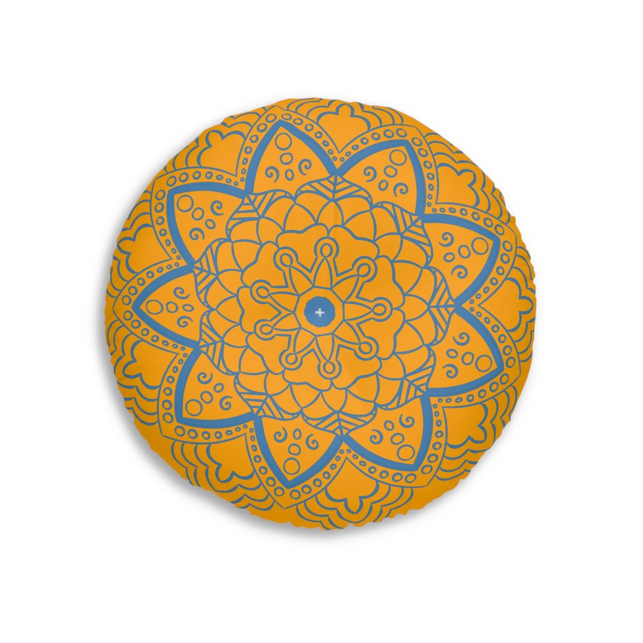 Handmade Mandala Art Tufted Floor Pillow - Steel Blue on Orange - Round
