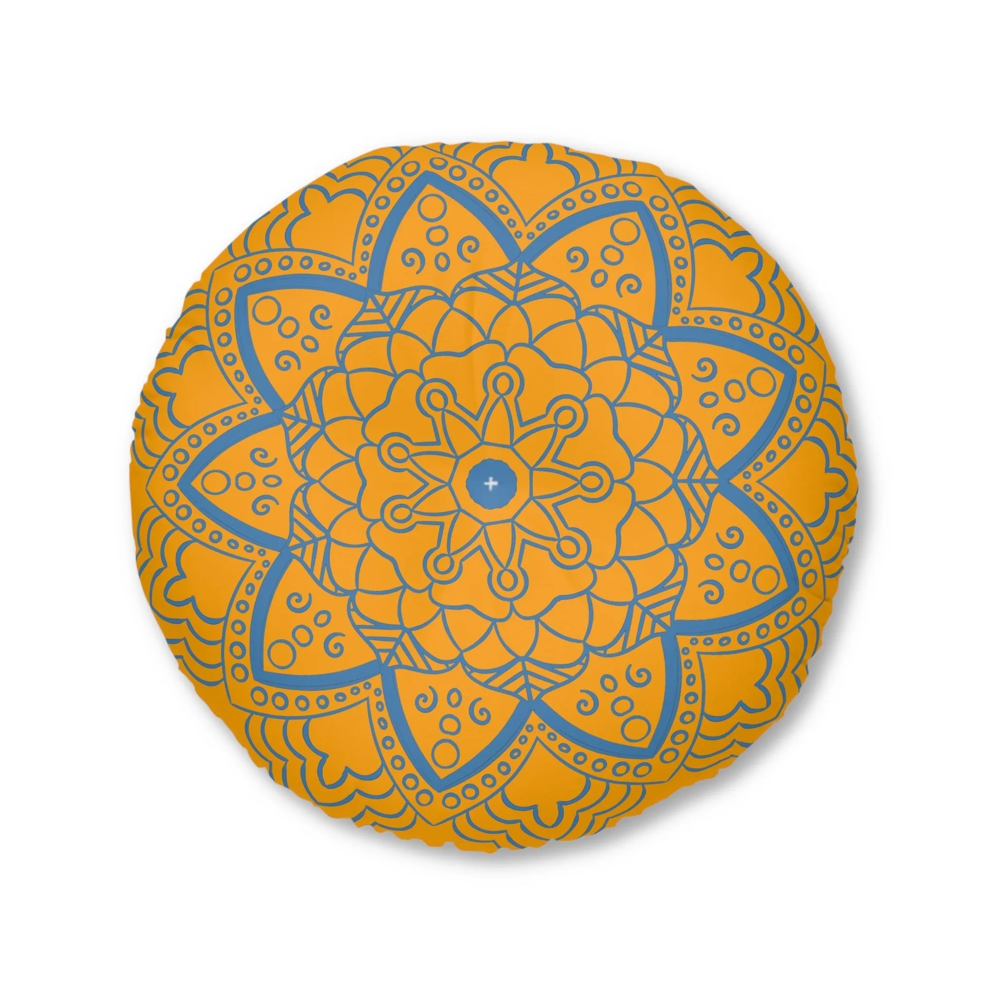 Handmade Mandala Art Tufted Floor Pillow - Steel Blue on Orange - Round