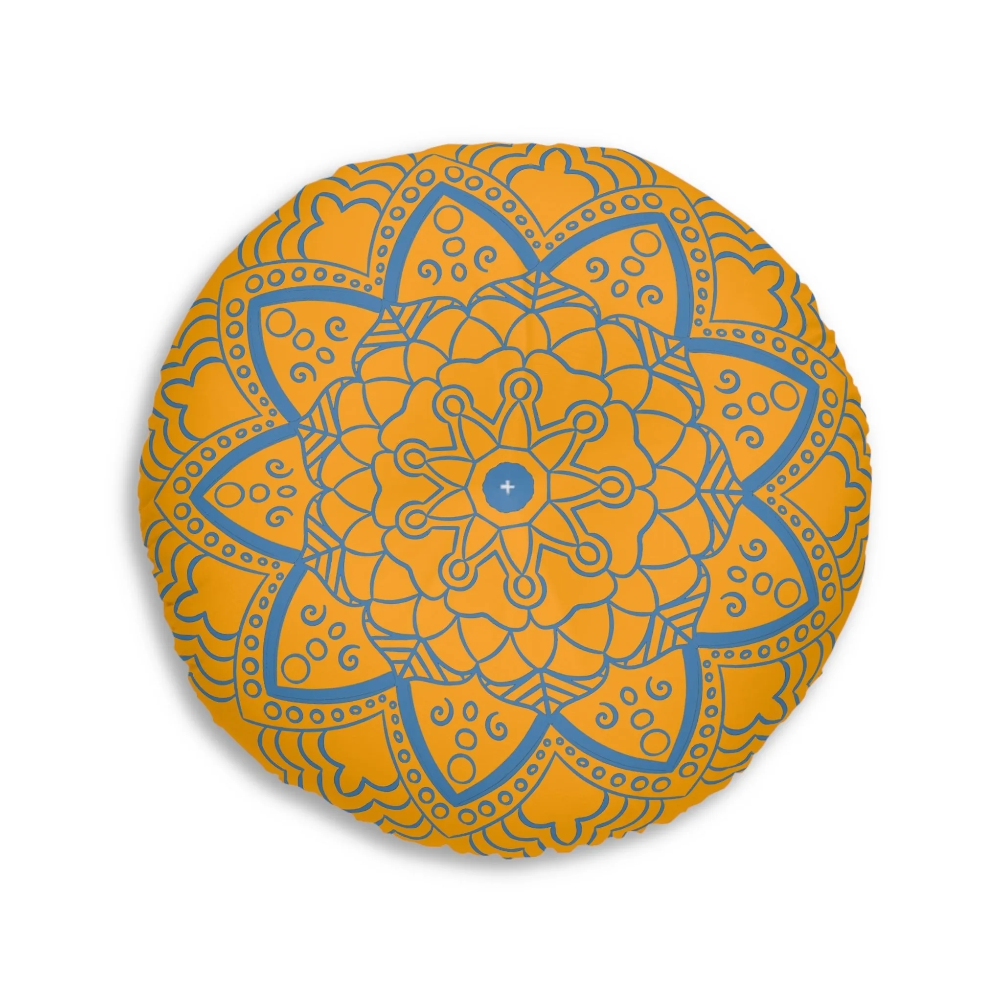 Handmade Mandala Art Tufted Floor Pillow - Steel Blue on Orange - Round