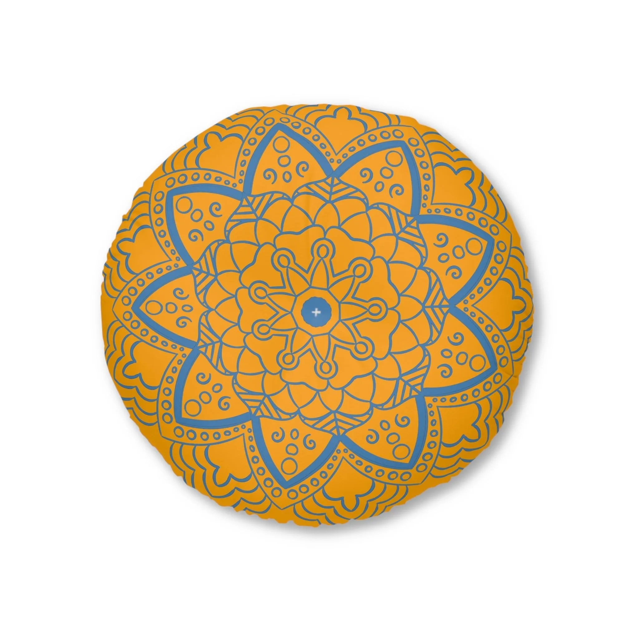 Handmade Mandala Art Tufted Floor Pillow - Steel Blue on Orange - Round