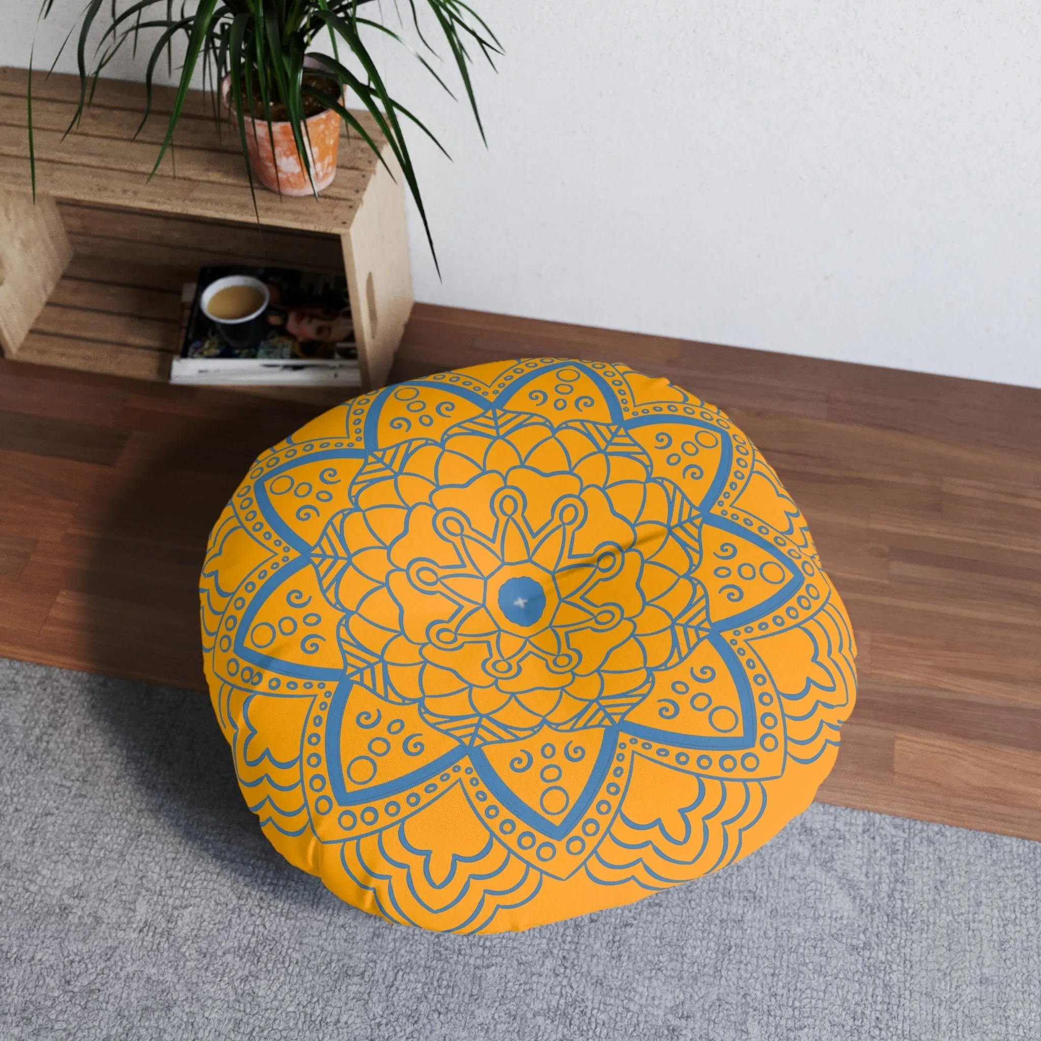 Handmade Mandala Art Tufted Floor Pillow - Steel Blue on Orange - Round