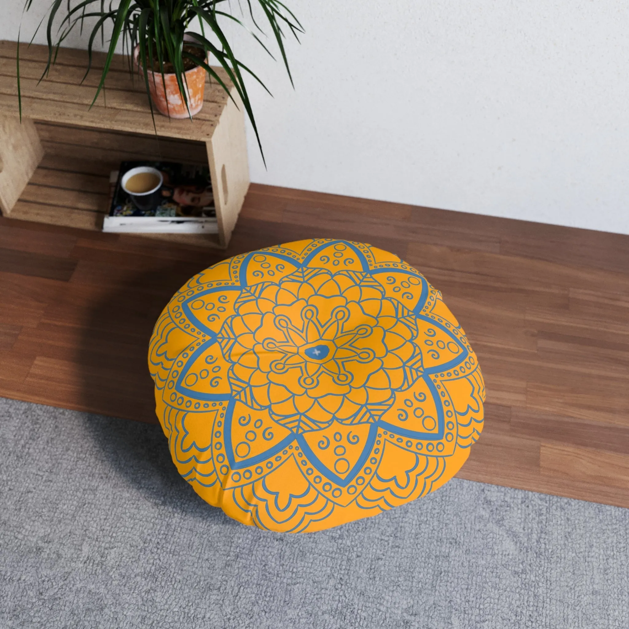 Handmade Mandala Art Tufted Floor Pillow - Steel Blue on Orange - Round