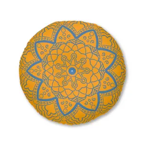 Handmade Mandala Art Tufted Floor Pillow - Steel Blue on Orange - Round