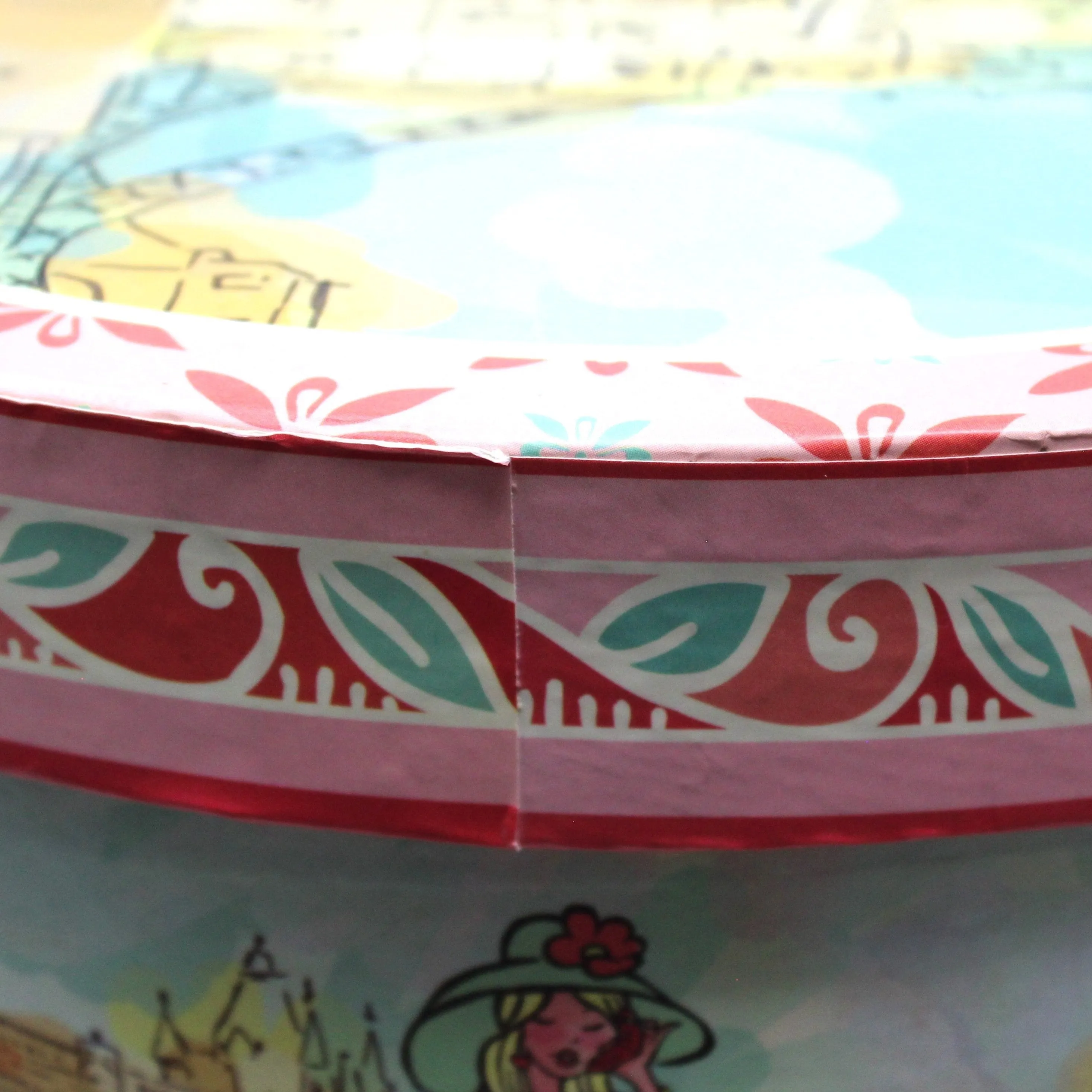 Hat Box / Storage Box, London Chic Mod Girl, Pink & Turquoise Box with Rope. 14"