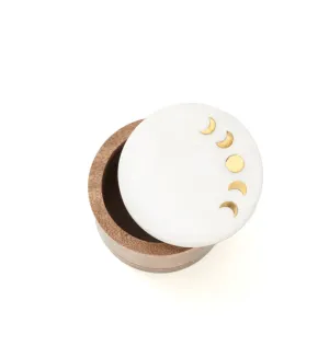 Indukala Moon Phase Round Keepsake Box - White Marble, Wood, Brass
