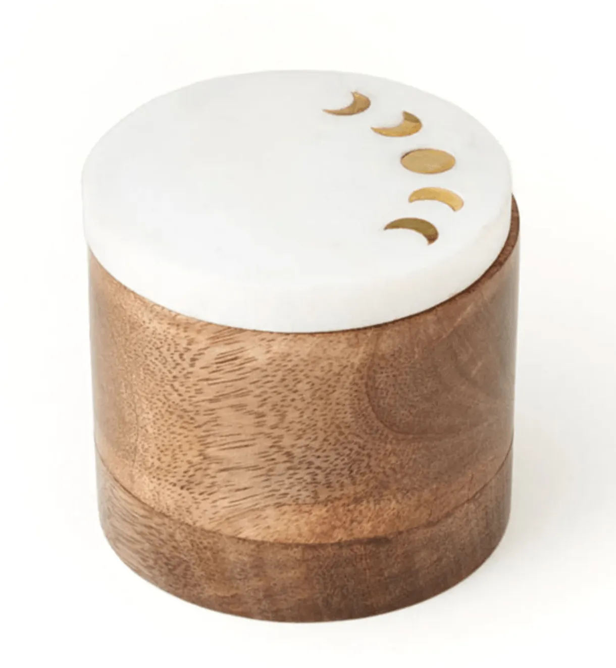 Indukala Moon Phase Round Keepsake Box - White Marble, Wood, Brass
