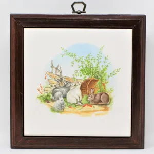 Key Holder Cabinet, Country Bunnies Tile, Wood, Vintage