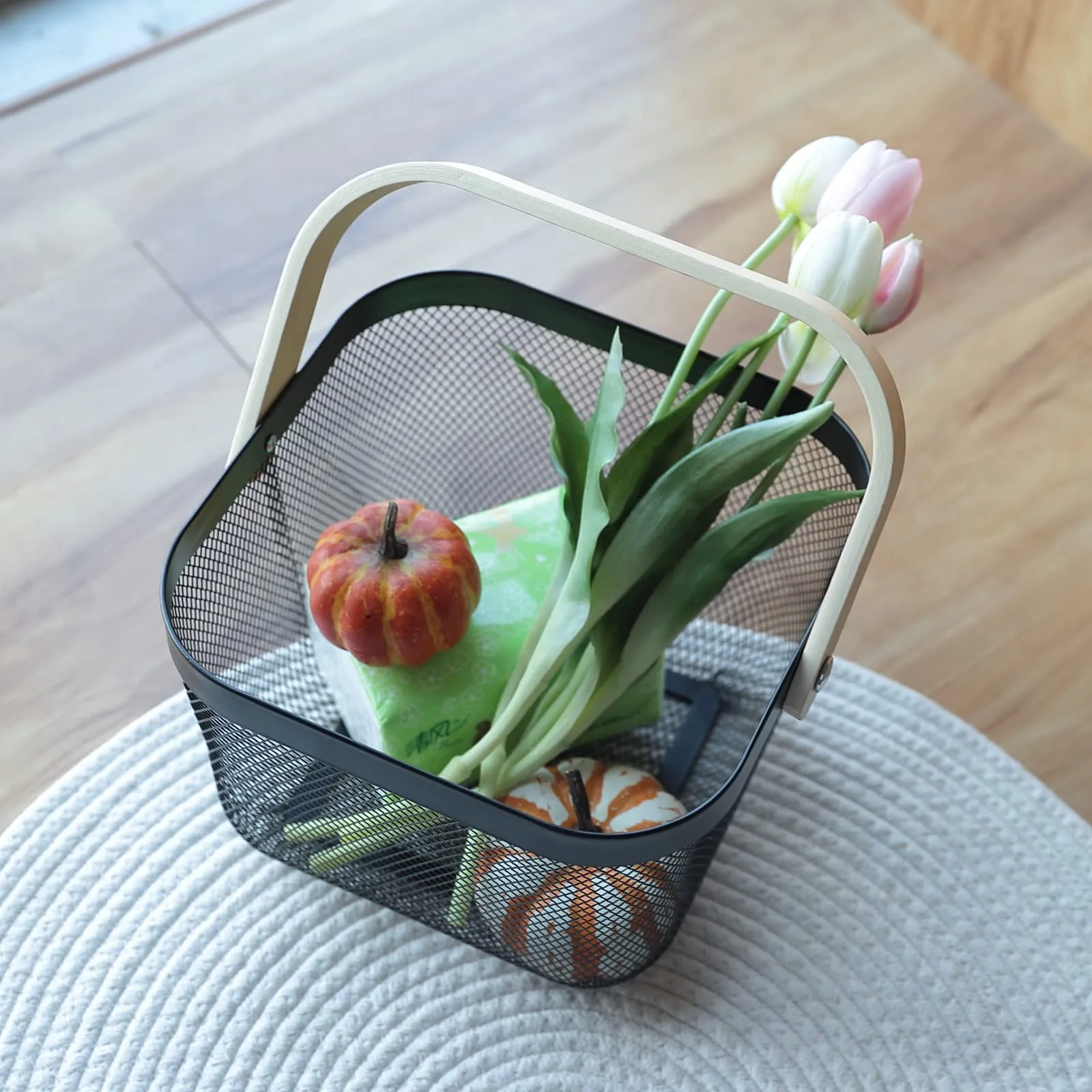 Kuber Industries Metal Wire Basket With Handle|Storage Basket Fot Fruits, Books|Mesh Open Storage Bin|Storage Organizer|Pack Of 4|White
