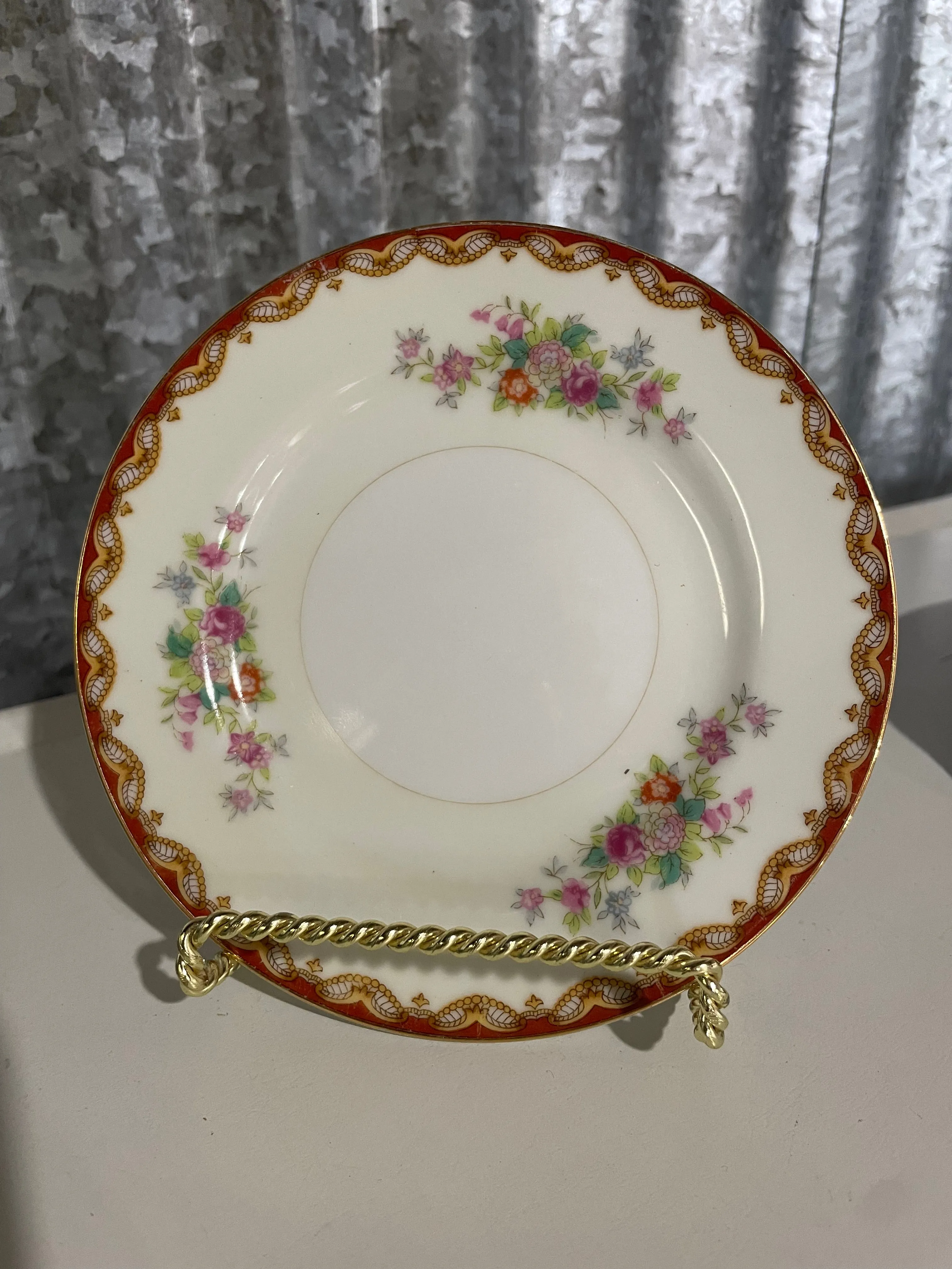 <€€ Vintage 1940s Diamond China ROSLYN Floral Pattern Set/5 6” Bread Plates Japan Gold Rim