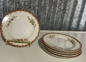 <€€ Vintage 1940s Diamond China ROSLYN Floral Pattern Set/5 6” Bread Plates Japan Gold Rim