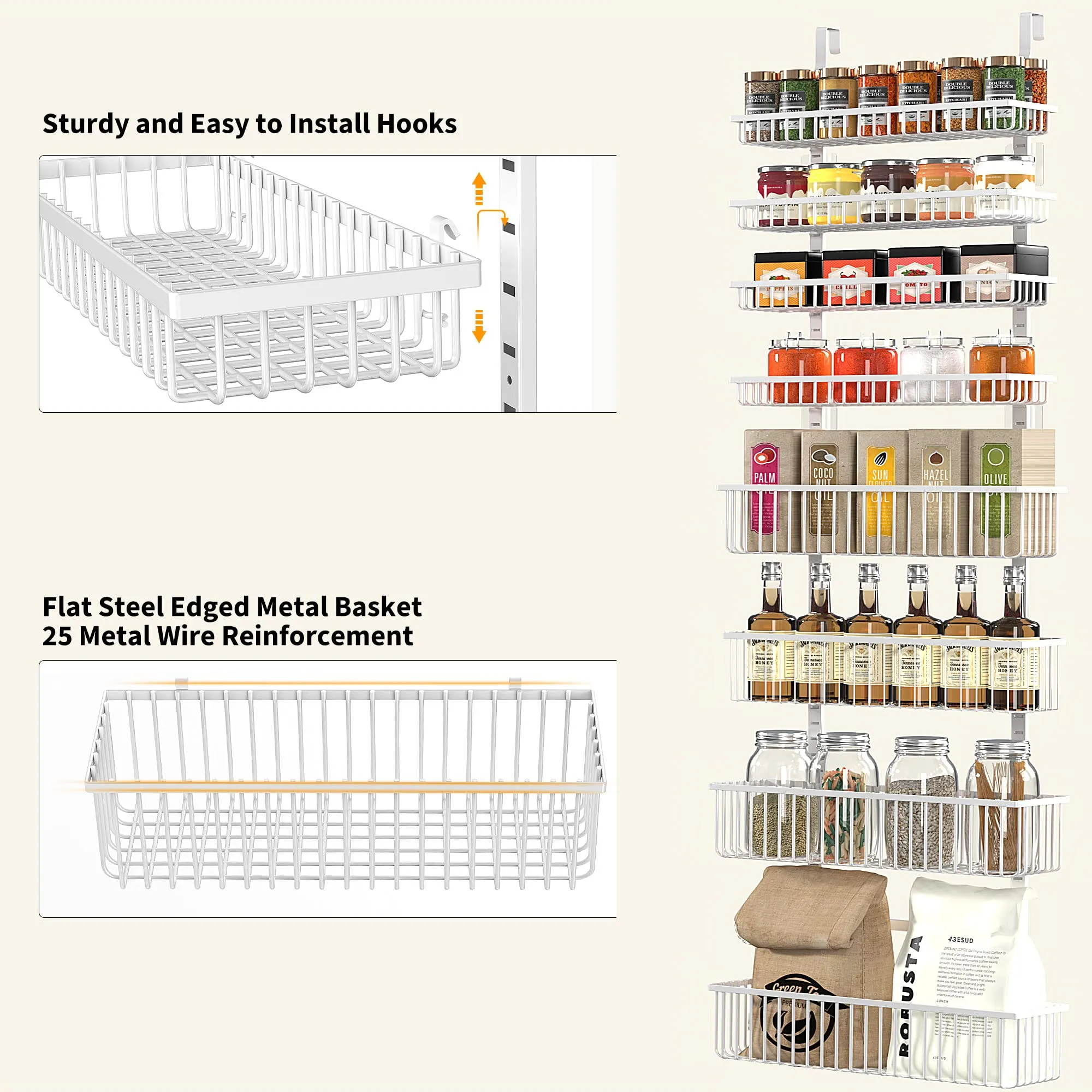 Moforoco White Over The Door Pantry Organizer, Pantry Organization and Storage, Metal Hanging Spice Rack Shelves Door, Seasoning Shelves, Laundry Room Organization, House and Kitchen Essentials