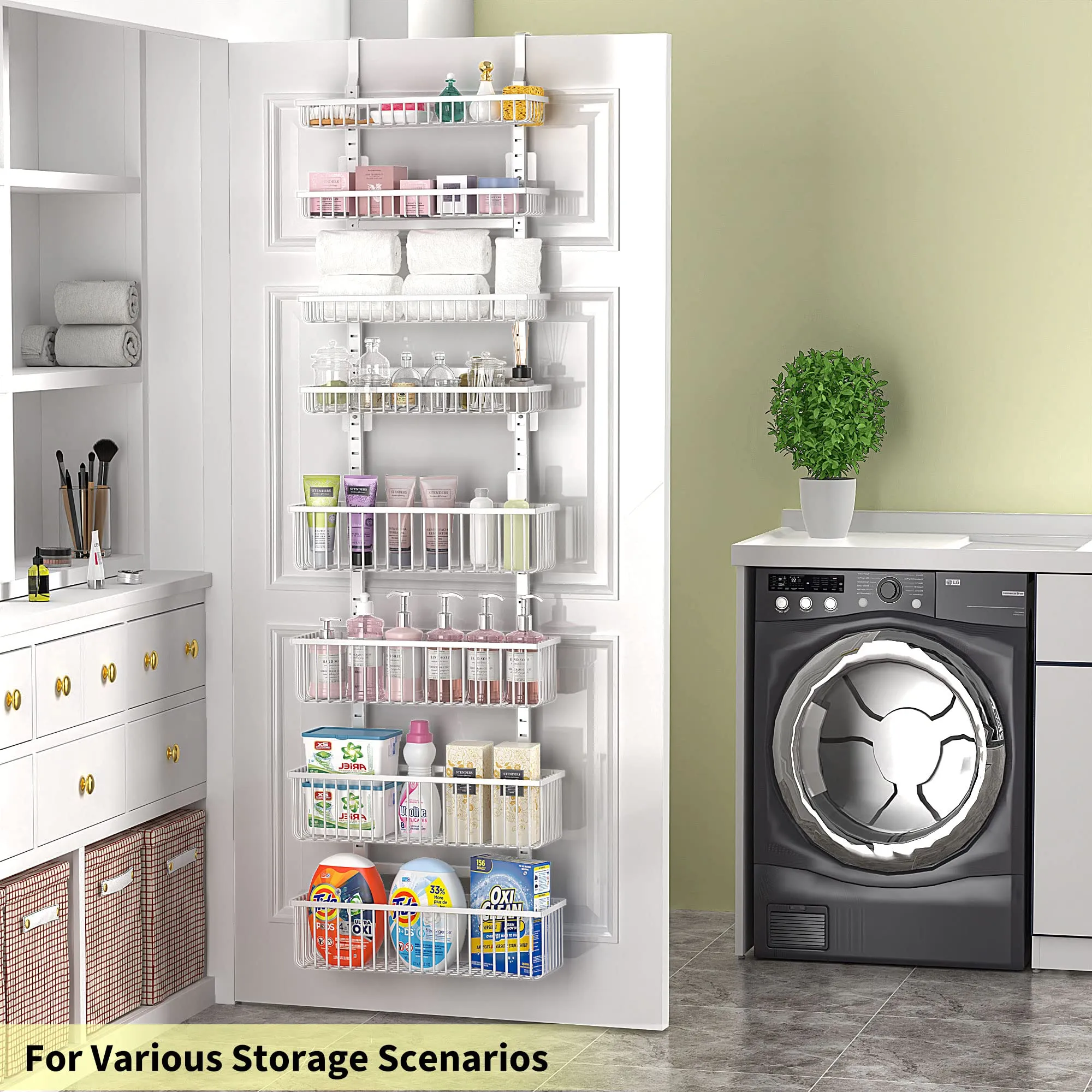 Moforoco White Over The Door Pantry Organizer, Pantry Organization and Storage, Metal Hanging Spice Rack Shelves Door, Seasoning Shelves, Laundry Room Organization, House and Kitchen Essentials