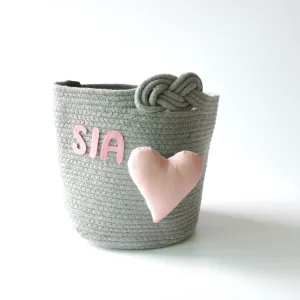 Multipurpose Storage Knotted Basket - Grey (Pink Heart)