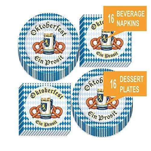 Oktoberfest Party Supplies - Blue and White Checkered Pretzel Paper Dessert Plates and Beverage Napkins (Serves 16)
