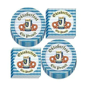 Oktoberfest Party Supplies - Blue and White Checkered Pretzel Paper Dessert Plates and Beverage Napkins (Serves 16)