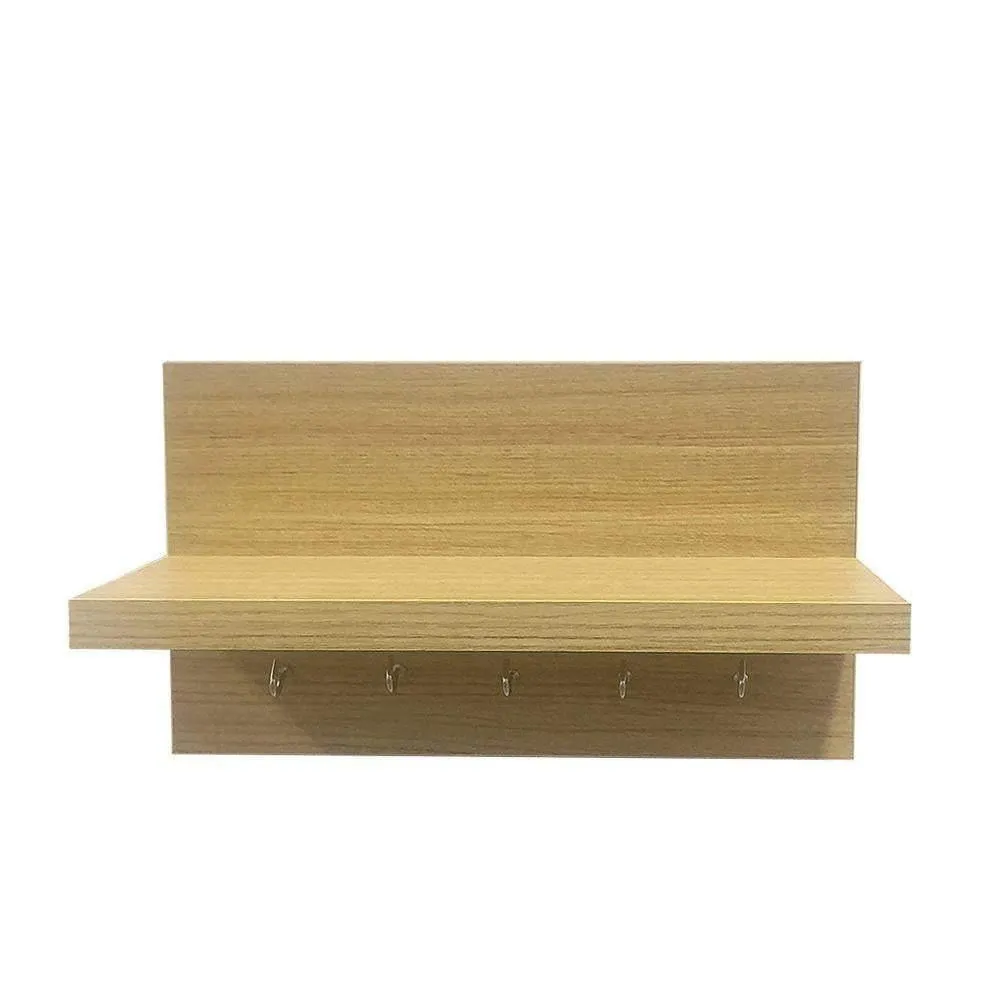 Omega 6 Decor Shelf with Key Hooks, Oak Finish