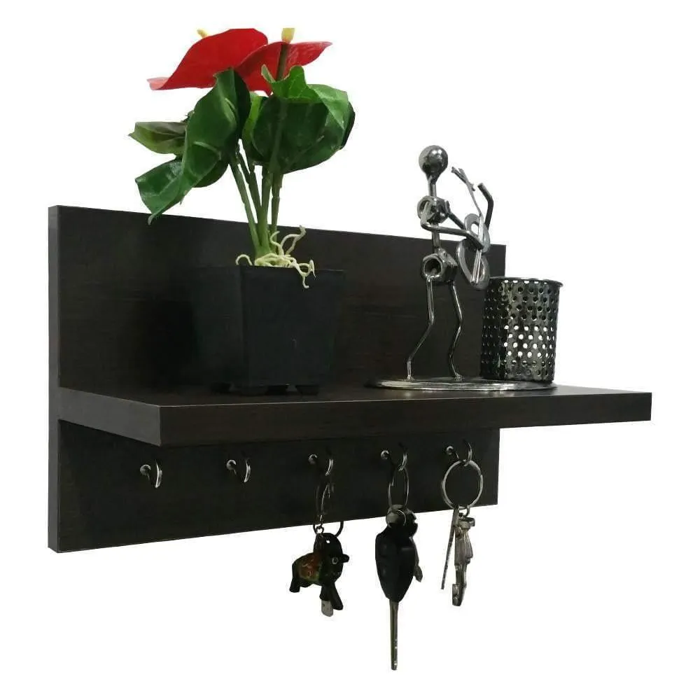 Omega 6 Key Holder Wall Shelf with Key Hooks, Wenge