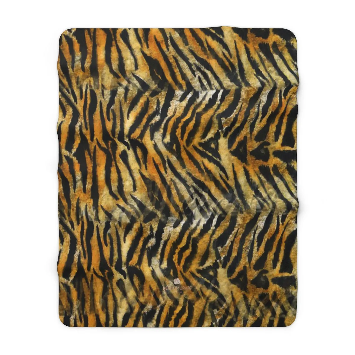 Orange Brown Tiger Stripe Print Designer Cozy Sherpa Fleece Blanket-Made in USA