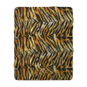 Orange Brown Tiger Stripe Print Designer Cozy Sherpa Fleece Blanket-Made in USA