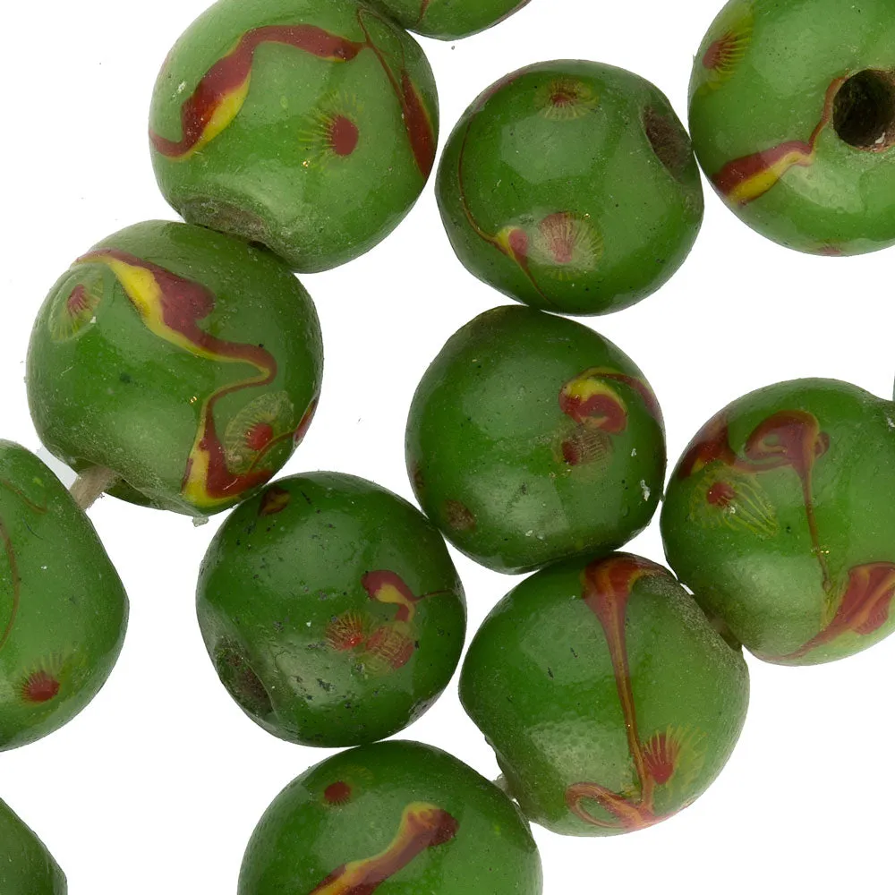 Peking glass green eye beads. 9-10mm. Pkg of 5. b11-gr-0771(e)