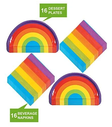 Rainbow Party Supplies - Plates, Beverage Napkins, and Table Covers (Serves 16)