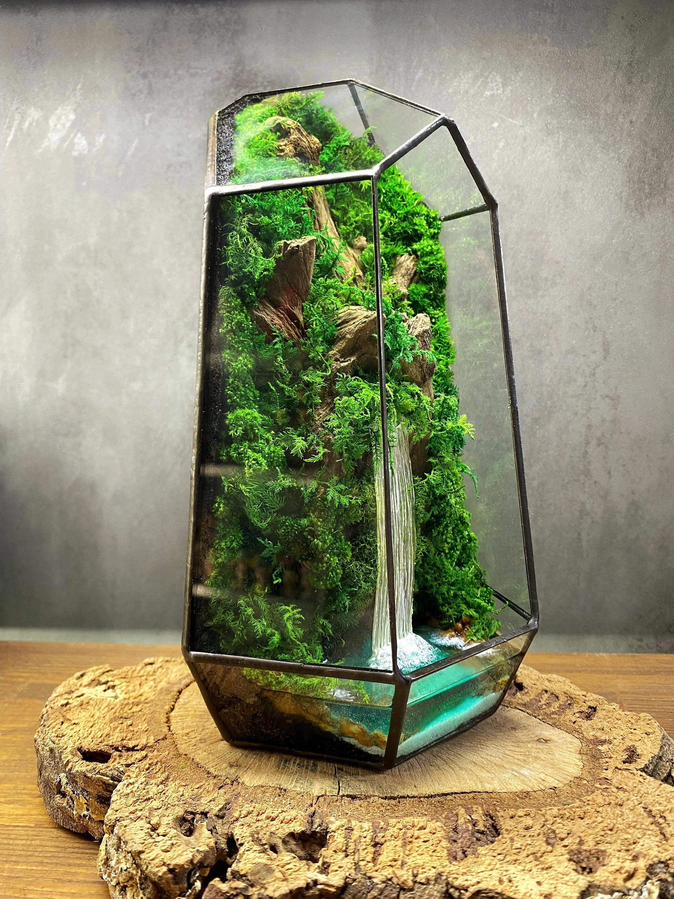 Terrarium with waterfall Preserved moss art