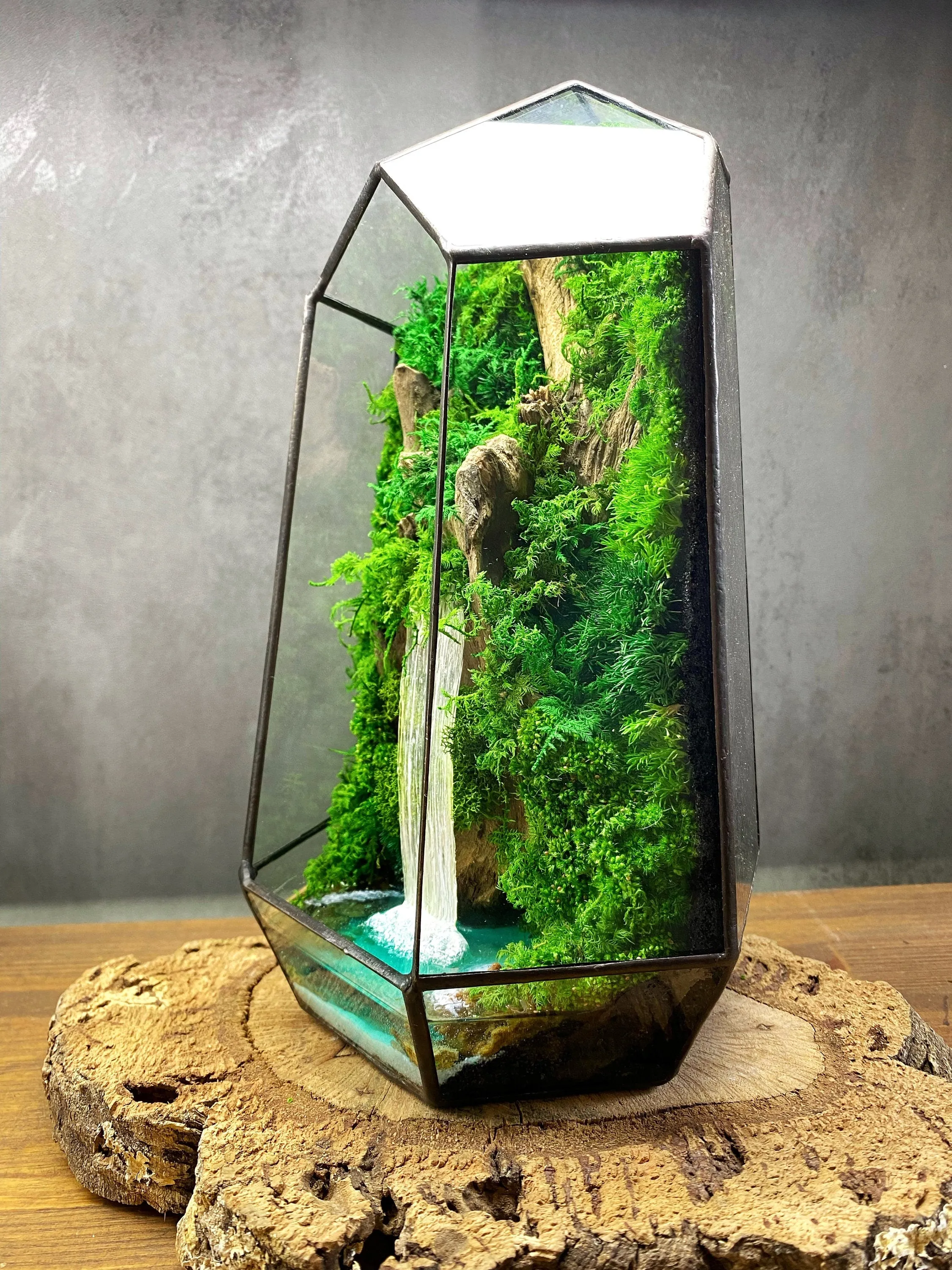 Terrarium with waterfall Preserved moss art