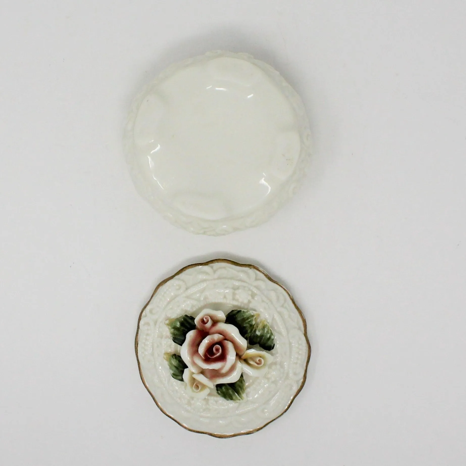 Trinket Box, Round Embossed Porcelain with Roses, Vintage