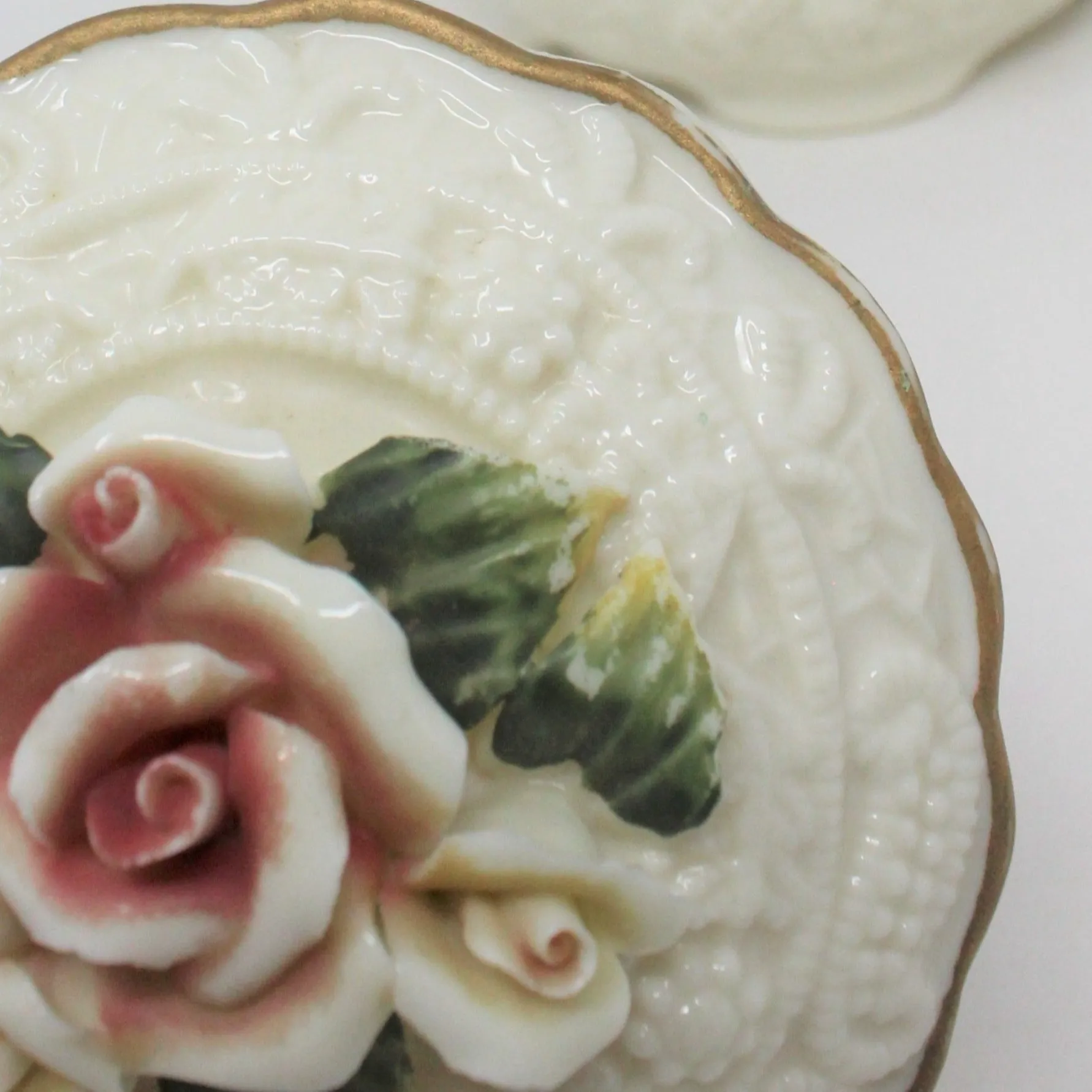 Trinket Box, Round Embossed Porcelain with Roses, Vintage