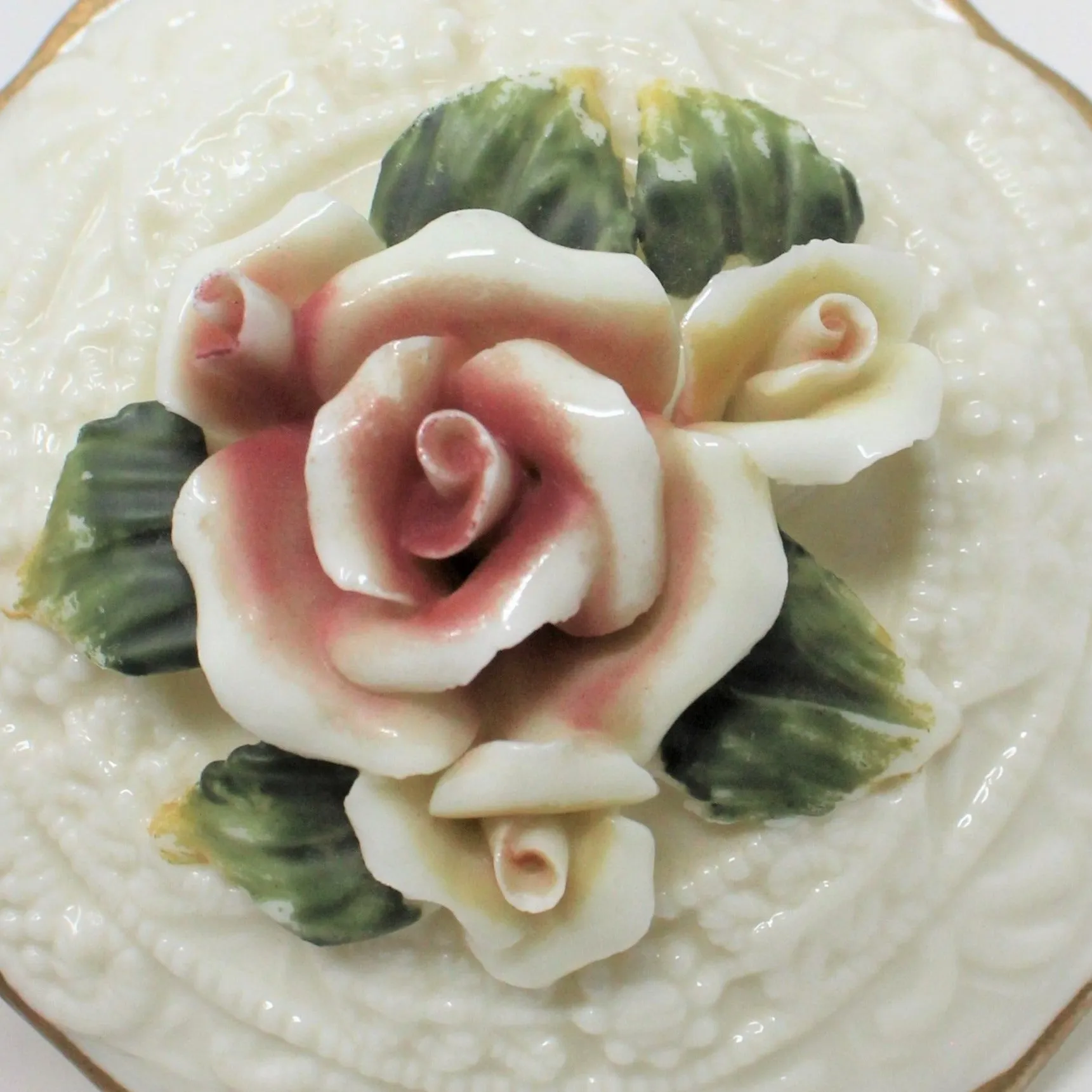 Trinket Box, Round Embossed Porcelain with Roses, Vintage