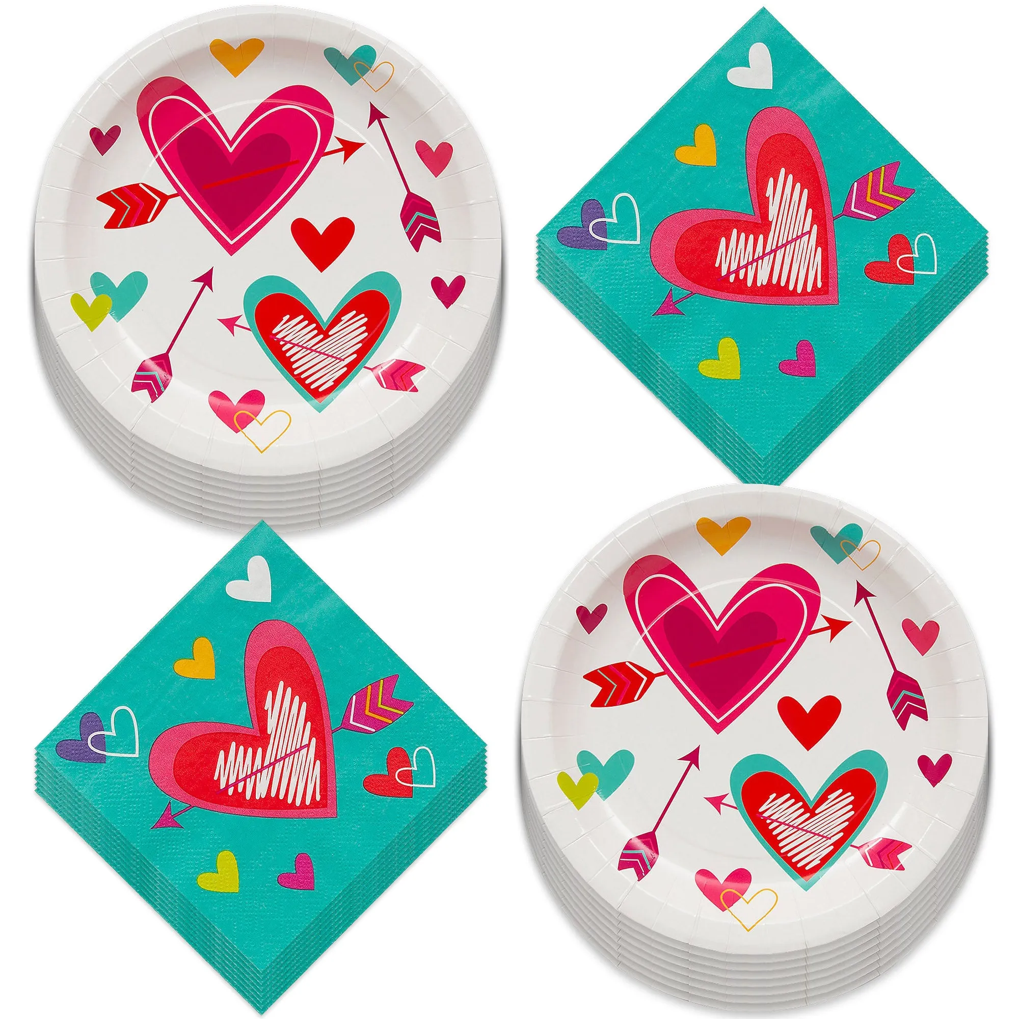 Valentine's Day Party Supplies - Metallic Heart Shaped Paper Dinner Plates and Teal Beverage Napkins (16 Plates & Napkins)