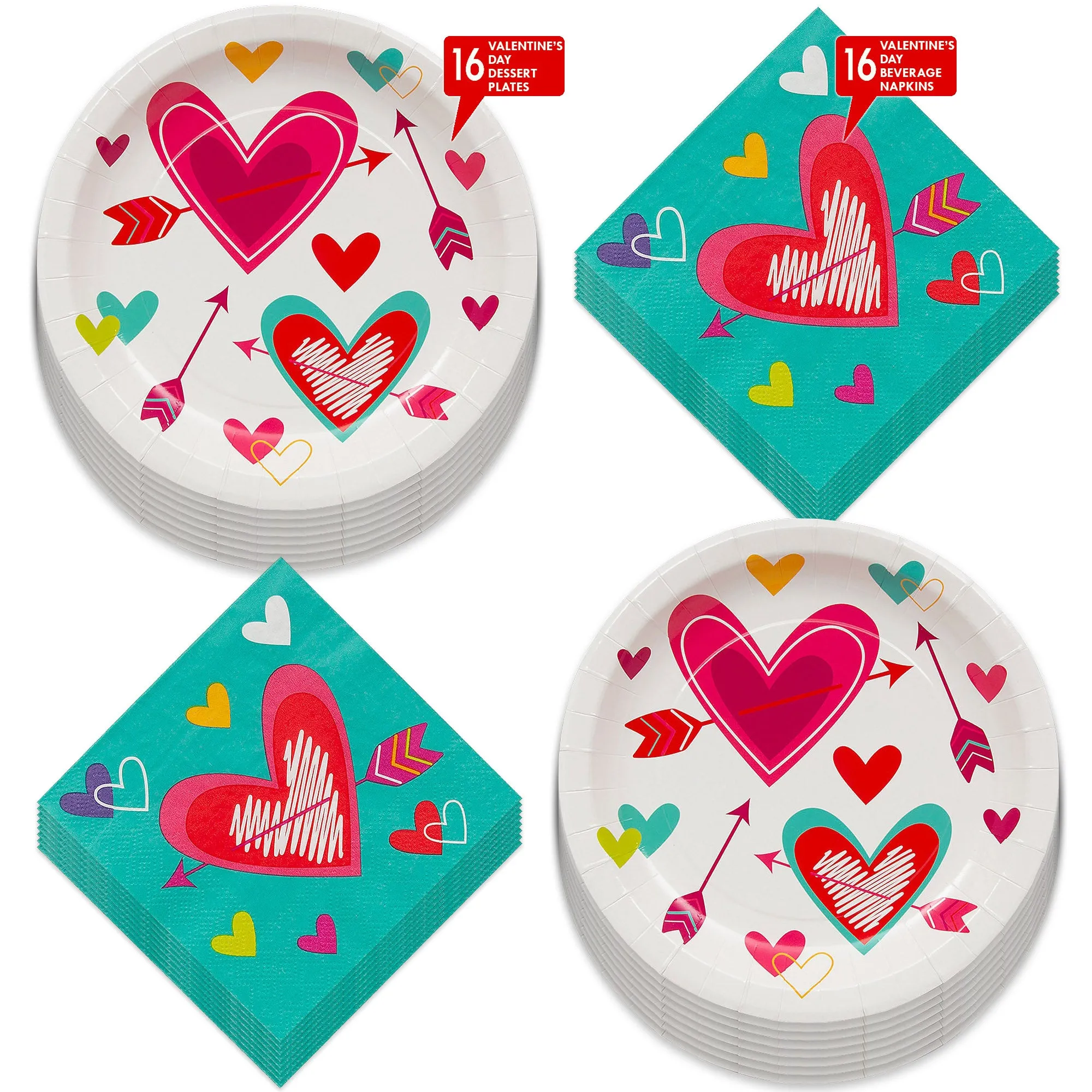 Valentine's Day Party Supplies - Metallic Heart Shaped Paper Dinner Plates and Teal Beverage Napkins (16 Plates & Napkins)