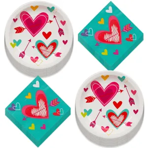 Valentine's Day Party Supplies - Metallic Heart Shaped Paper Dinner Plates and Teal Beverage Napkins (16 Plates & Napkins)