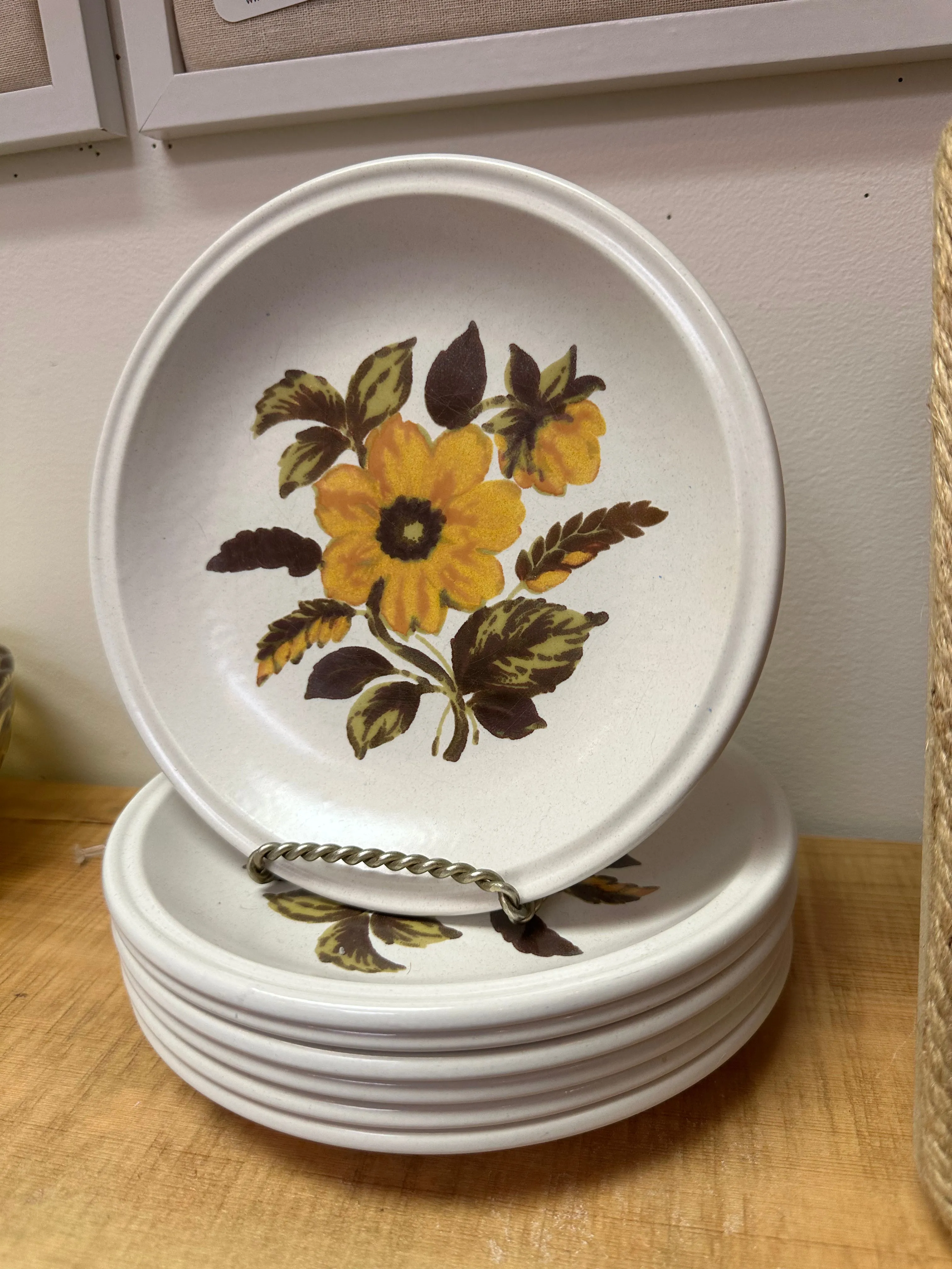 Vintage 70s Brown Orange Floral Dessert Plates - Set of 6