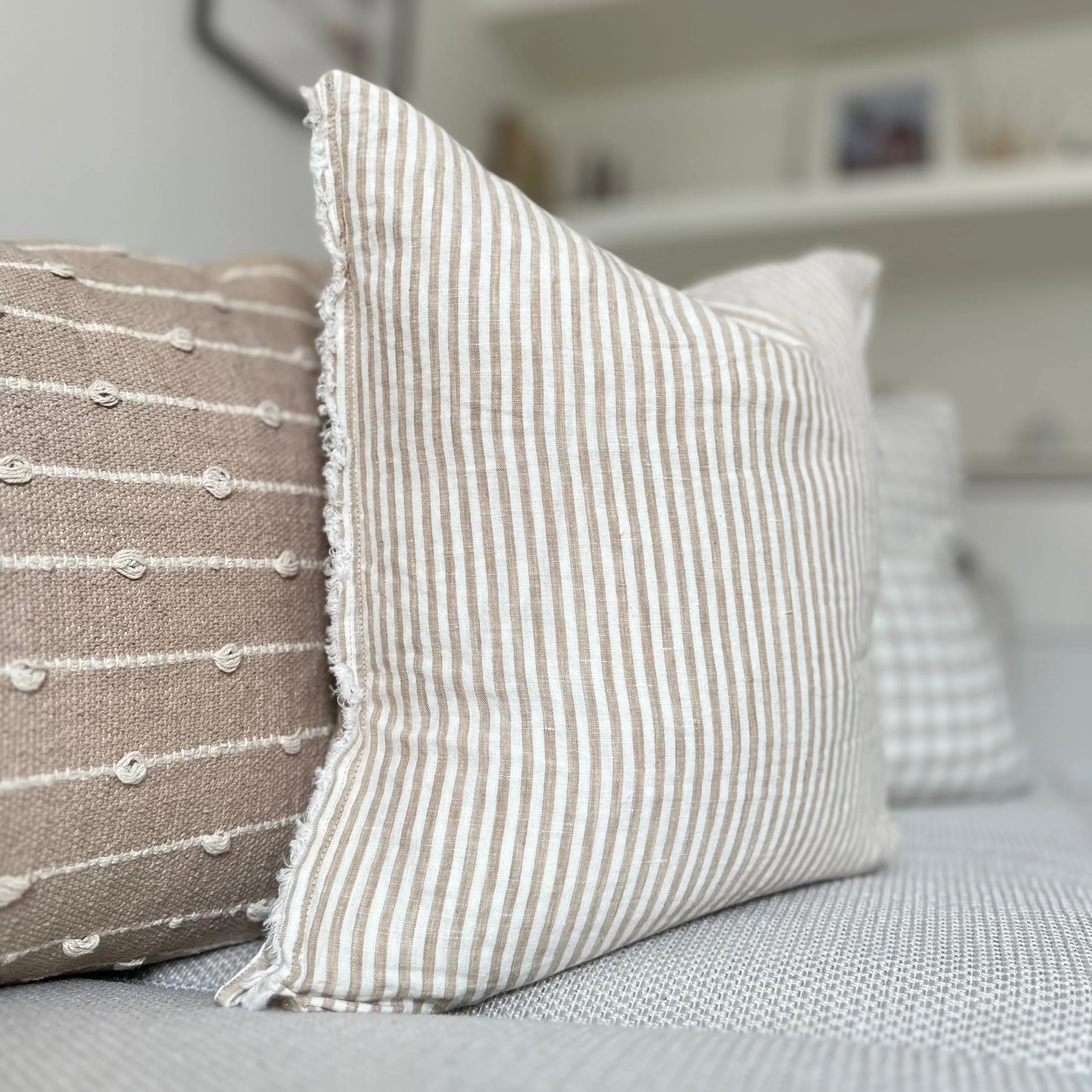 Weathered Edge Cream and Light Brown Stripe Linen Cushion 45x45cm