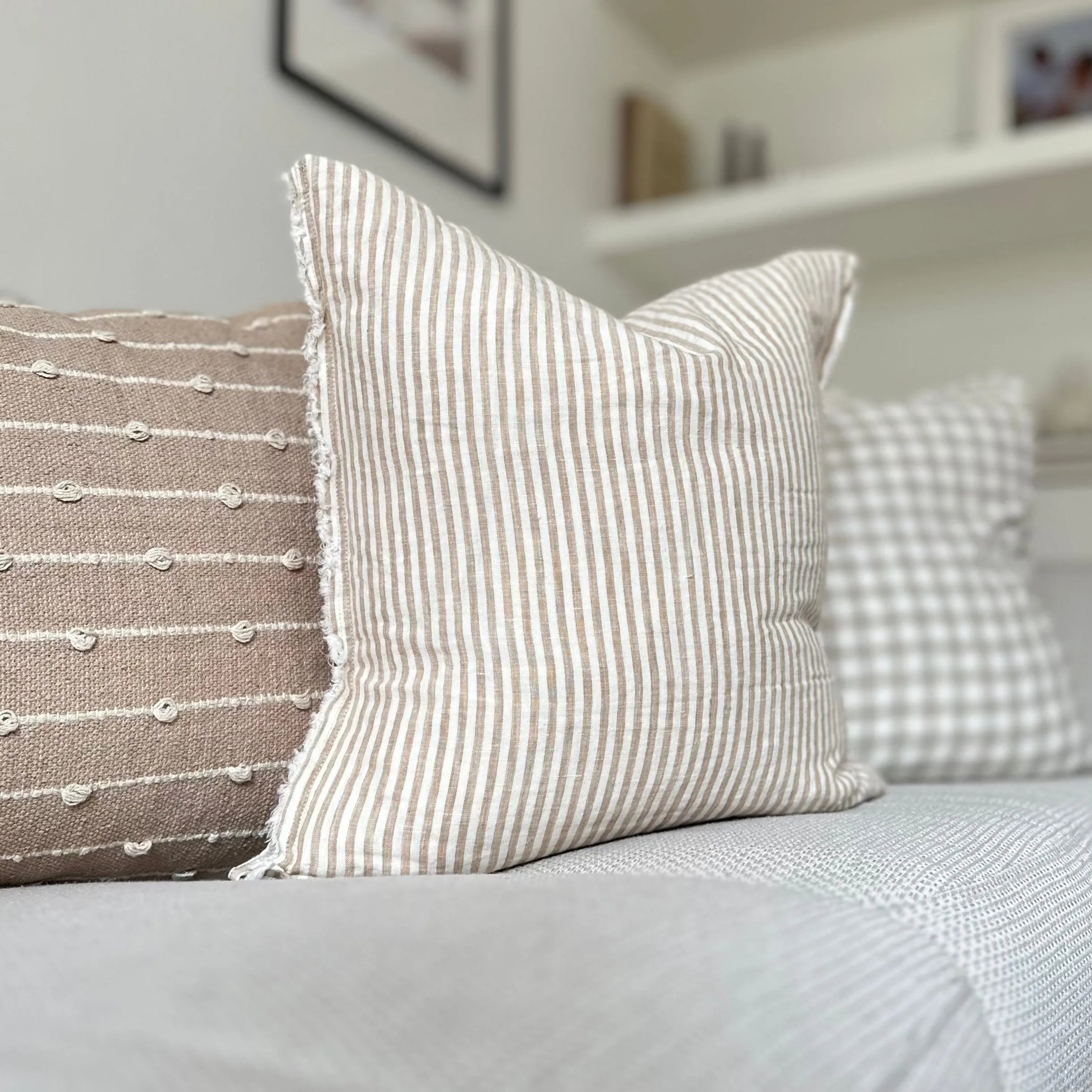 Weathered Edge Cream and Light Brown Stripe Linen Cushion 45x45cm
