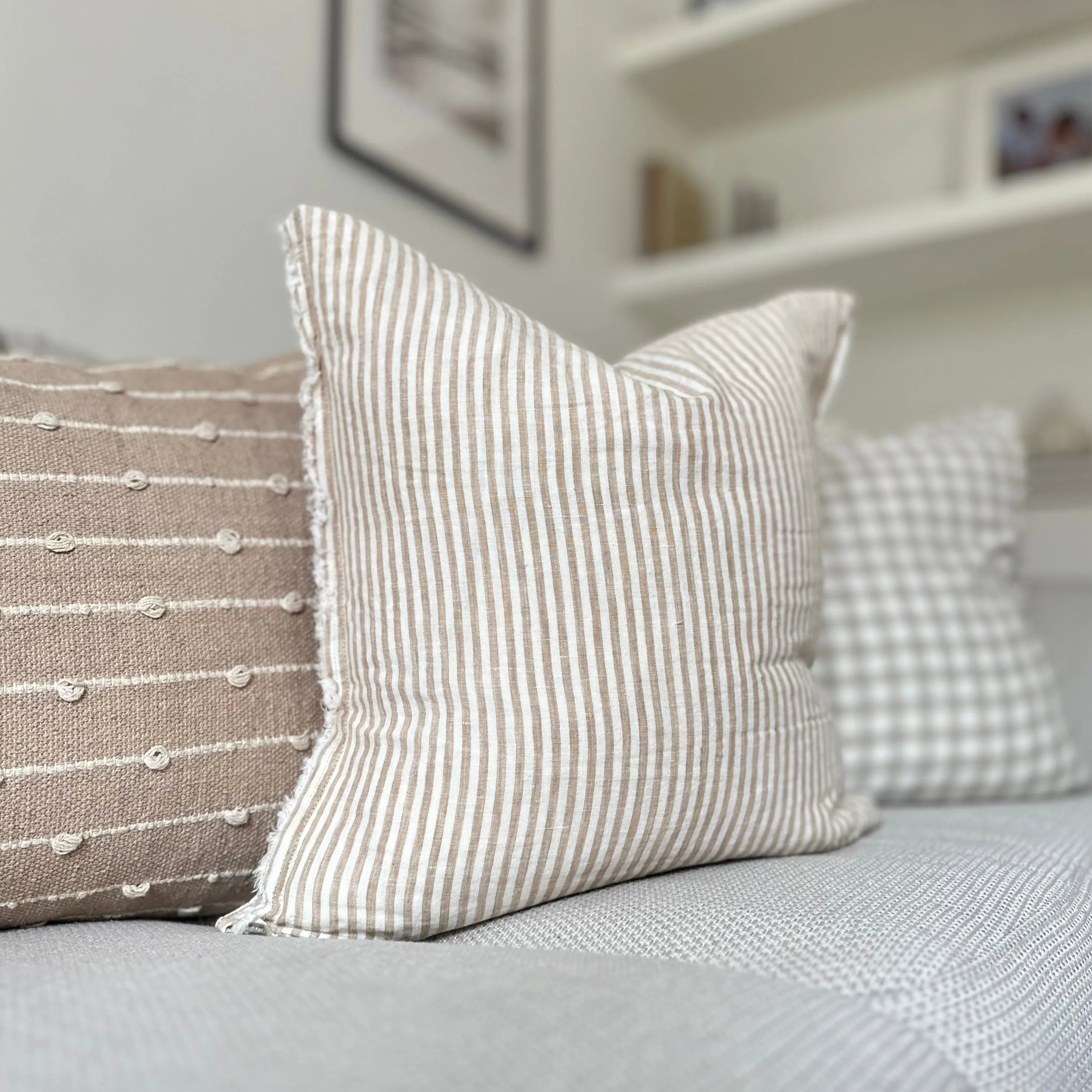 Weathered Edge Cream and Light Brown Stripe Linen Cushion 45x45cm