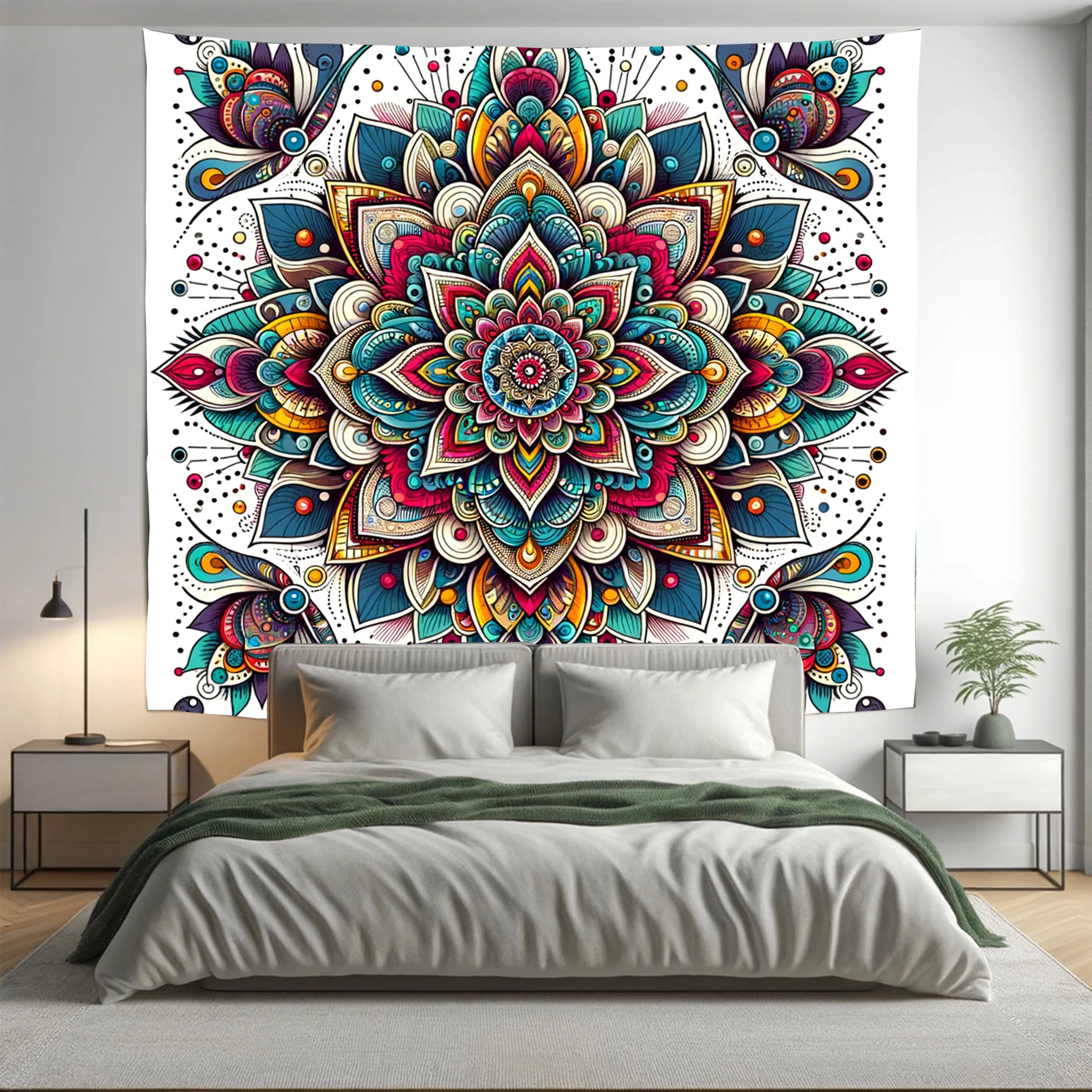 White Indian Mandala Tapestry Psychedelic Wall Hanging Boho Decor